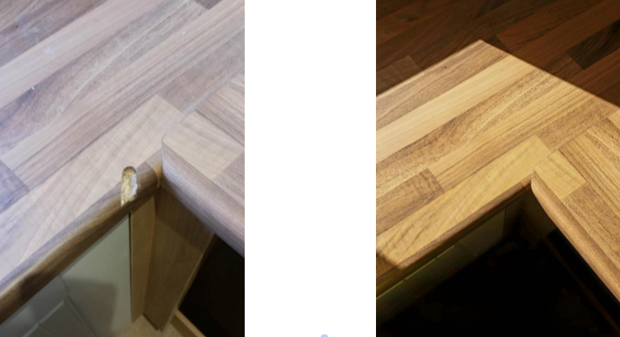 before and after photos of a worktop repair