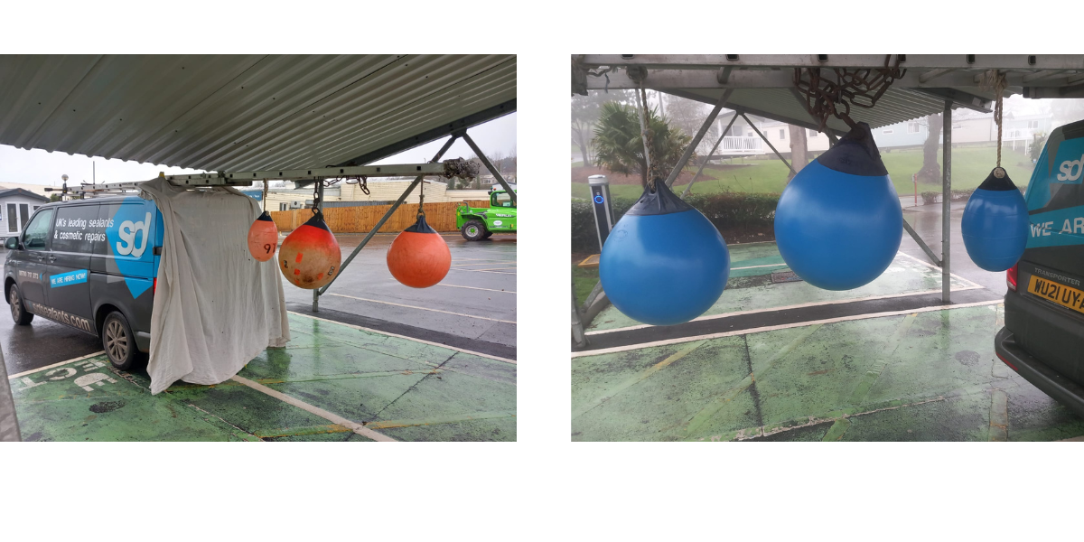Buoys before and after colour spraying